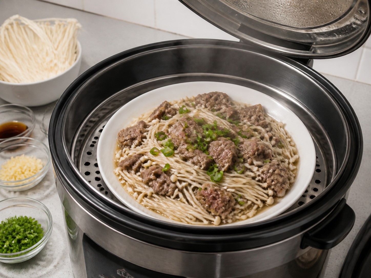 Steamed Beef with Enoki Mushrooms — Steam for 10 to 12 minutes