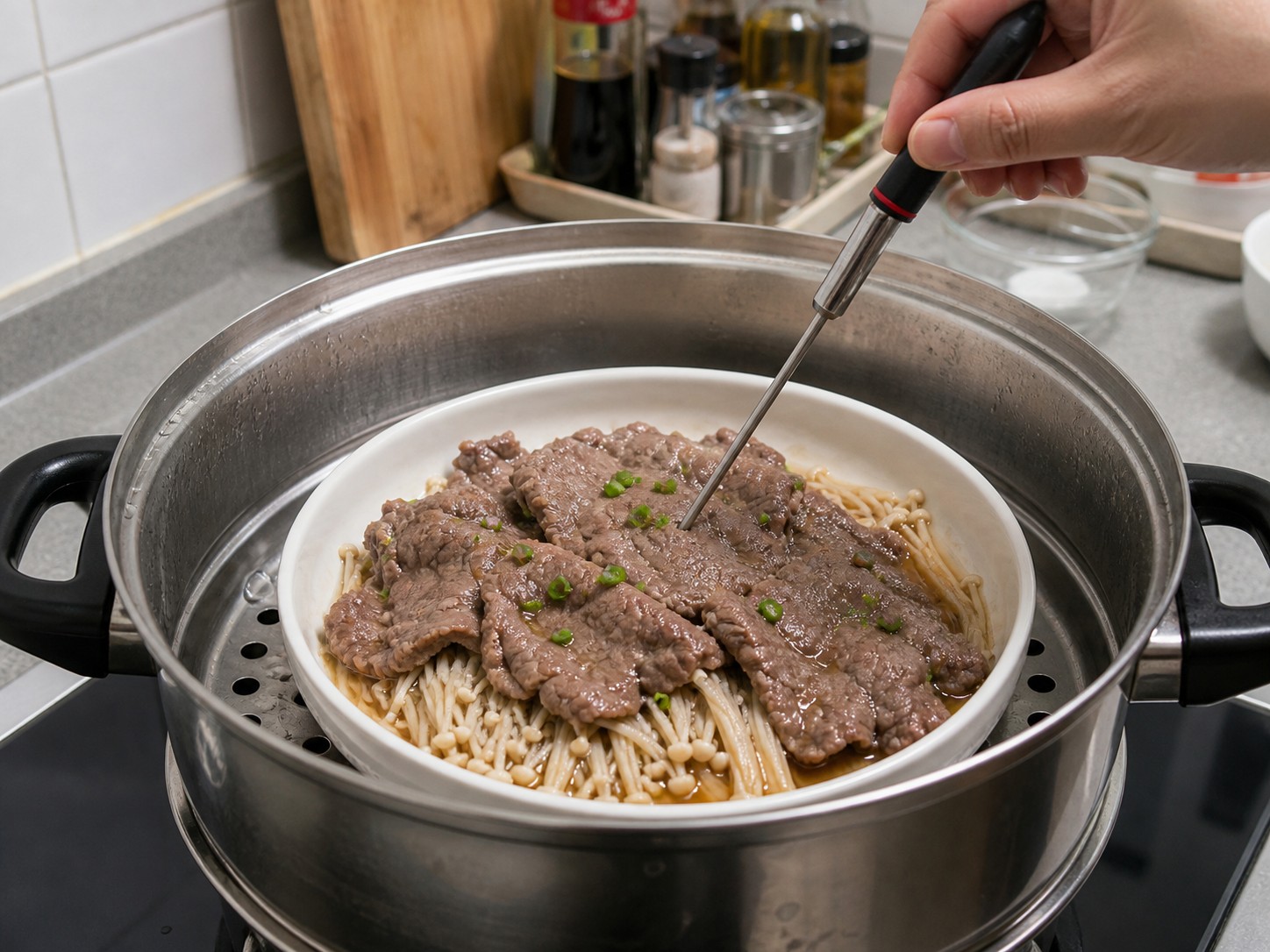 Steamed Beef with Enoki Mushrooms — Check doneness