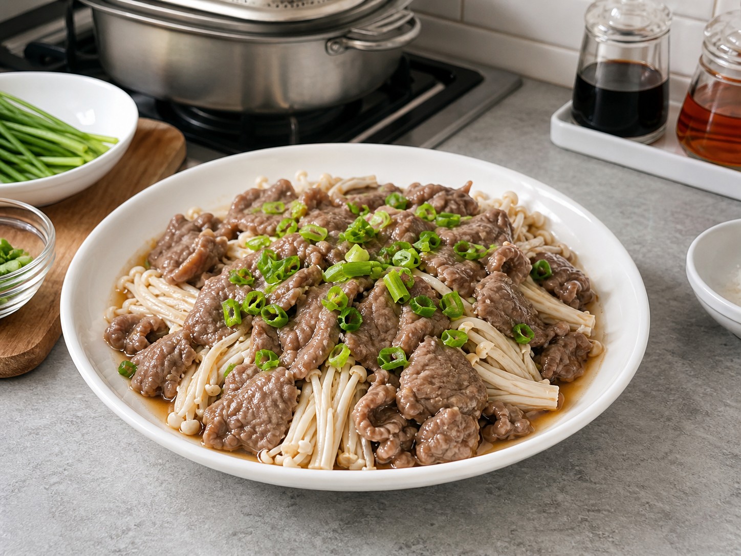 Steamed Beef with Enoki Mushrooms — Garnish and serve