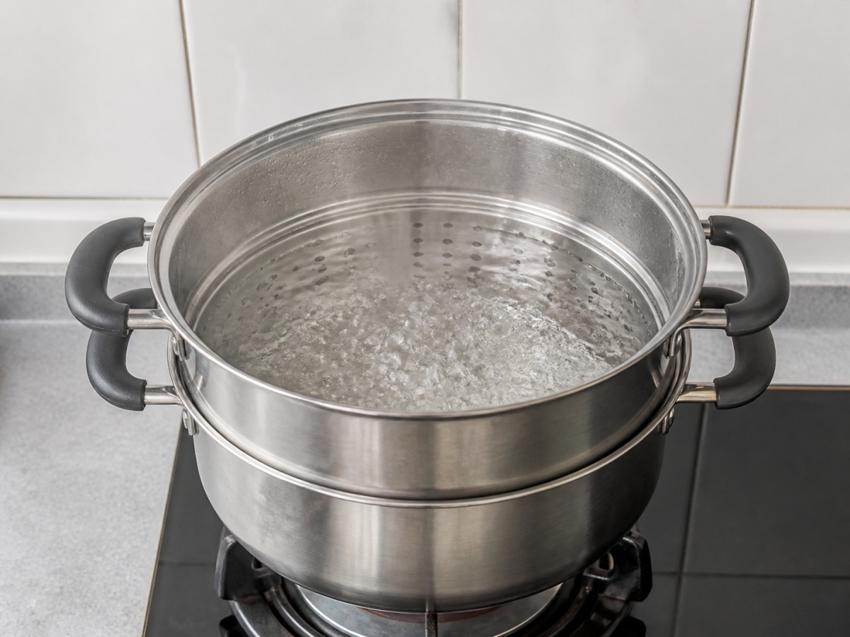 Steamed Cauliflower with Garlic: Boil the steamer water