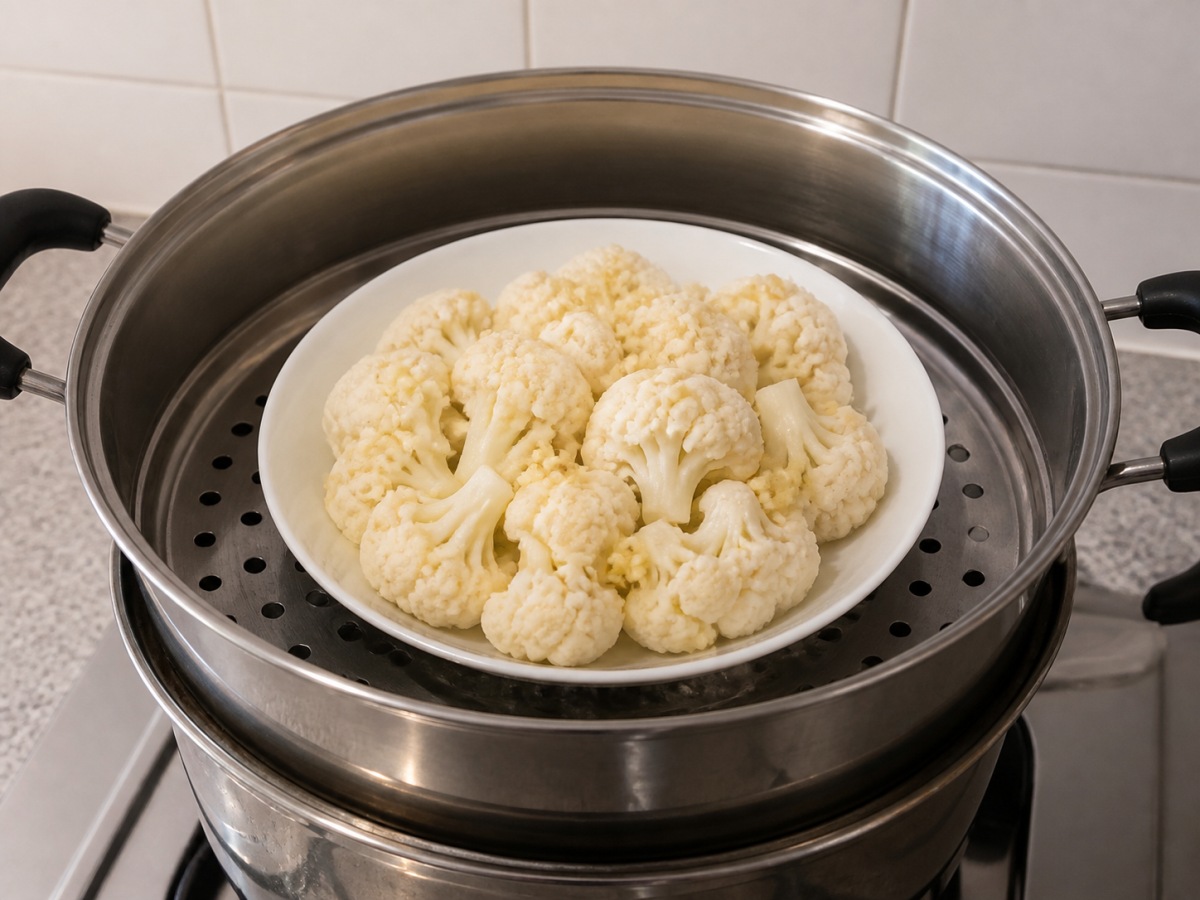Steamed Cauliflower with Garlic: Place in the steamer