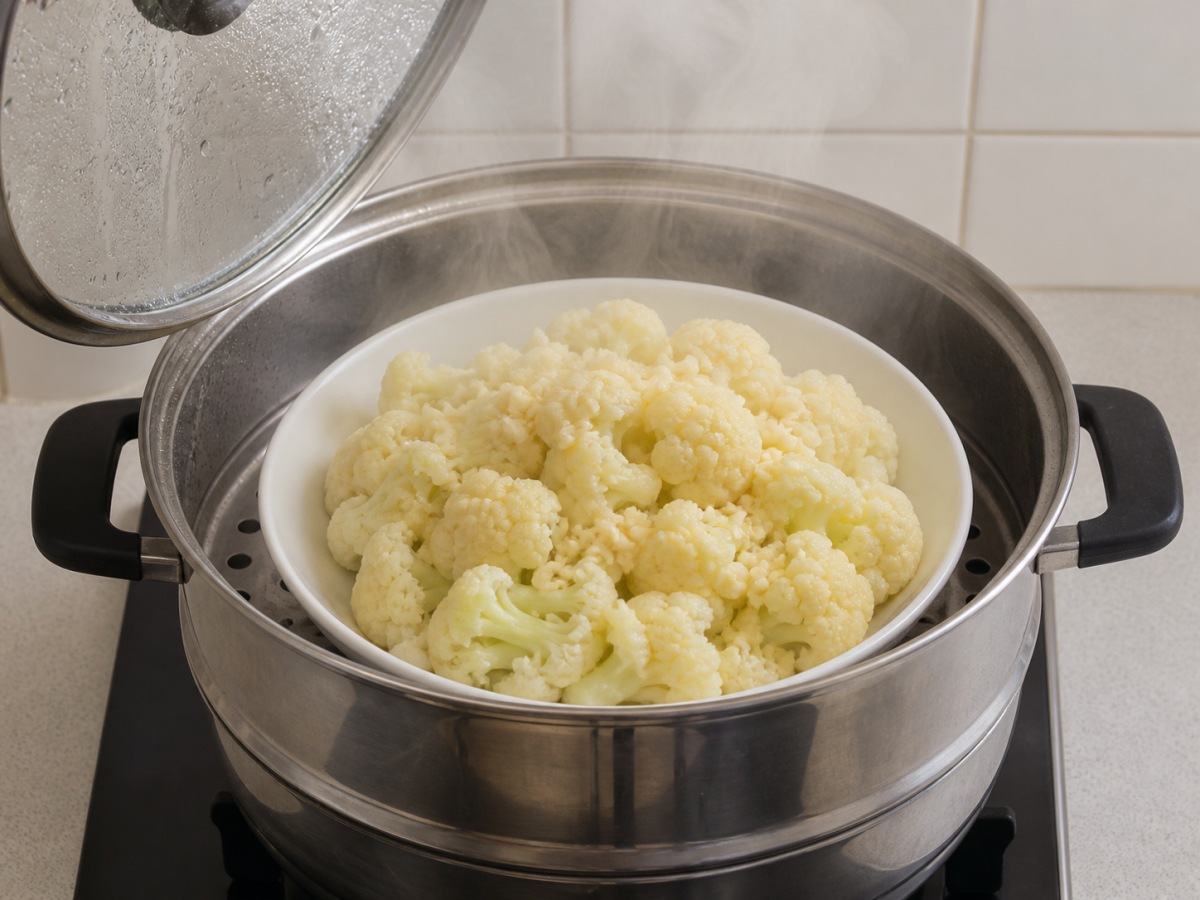 Steamed Cauliflower with Garlic: Steam until cooked through