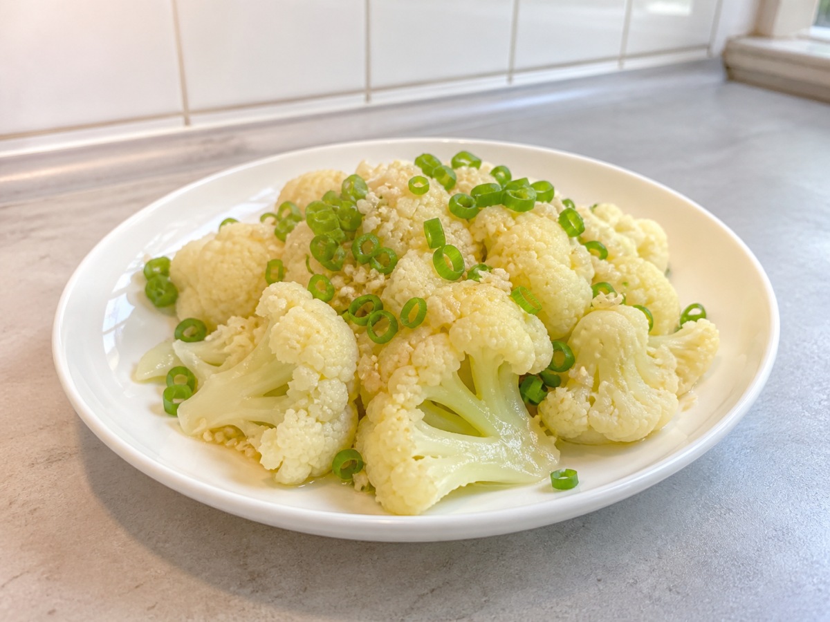 Steamed Cauliflower with Garlic: Add the final seasoning