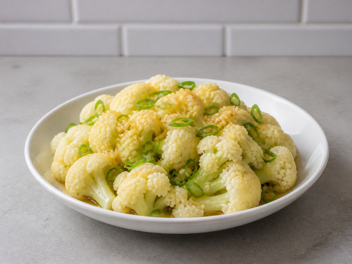 Steamed Cauliflower with Garlic: Serve hot