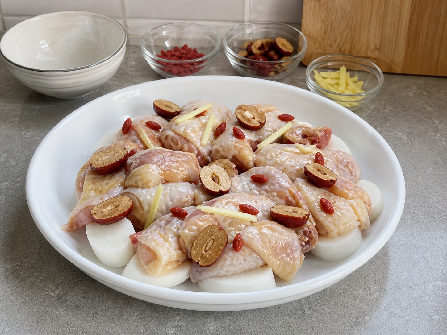 Ayam Kukus dengan Huai Shan dan Kurma Merah — Tambahkan ayam, kurma, dan goji