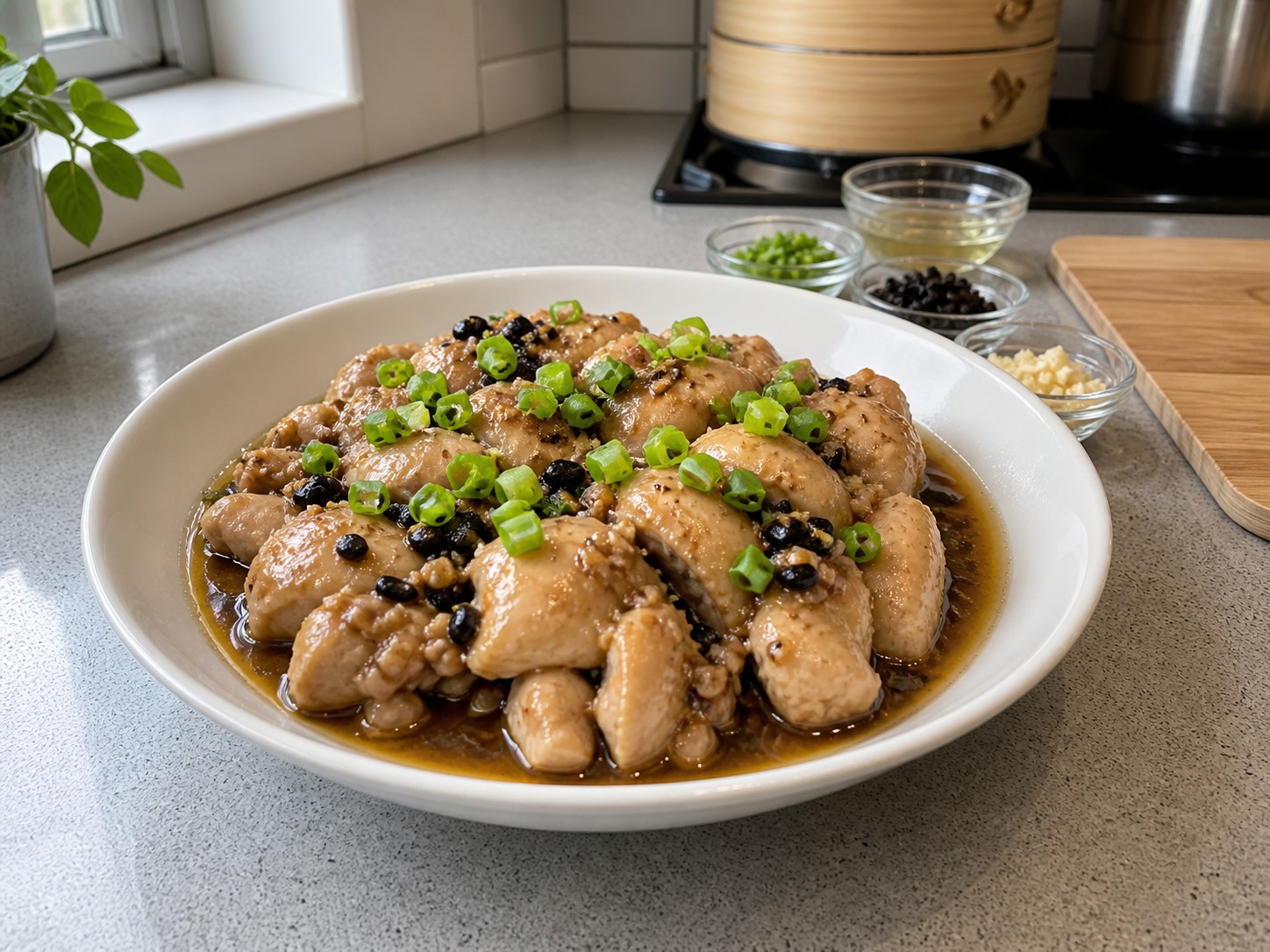 Paha ayam kukus saus kacang hitam yang matang
