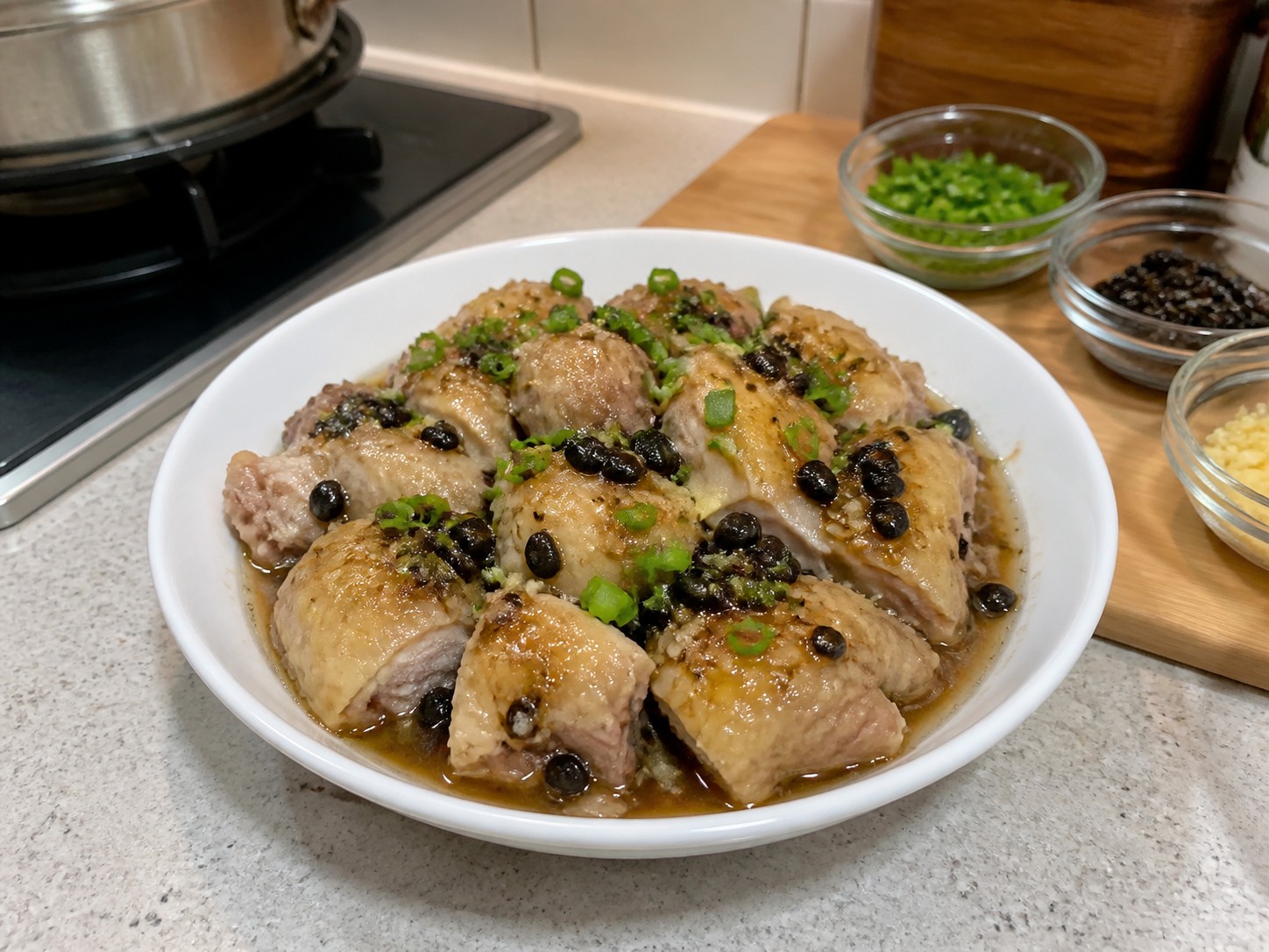 豉汁蒸雞腿肉 — 撒蔥上桌