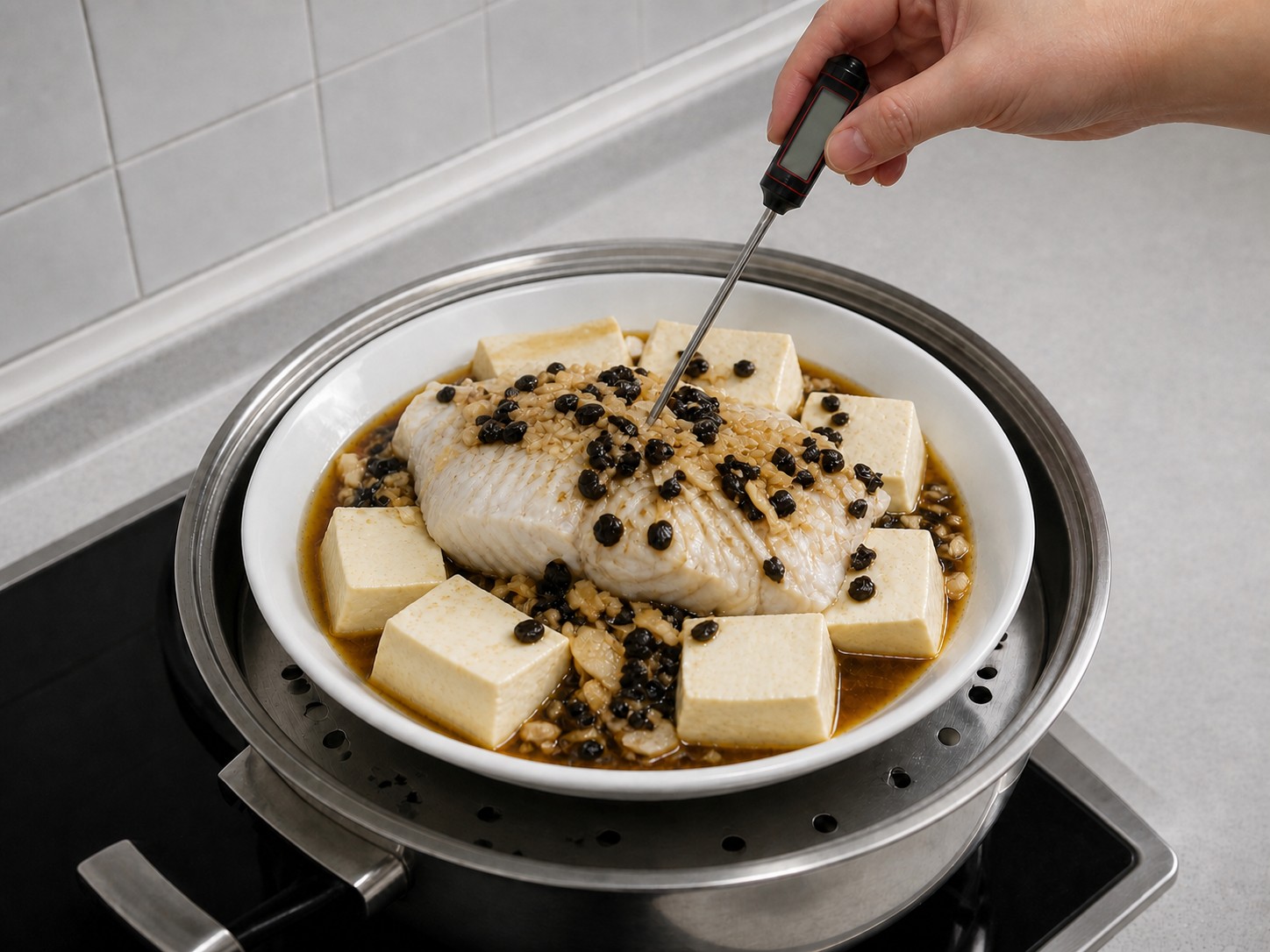 豆豉豆腐蒸鱈魚 — 步驟 9: 檢查魚肉熟度