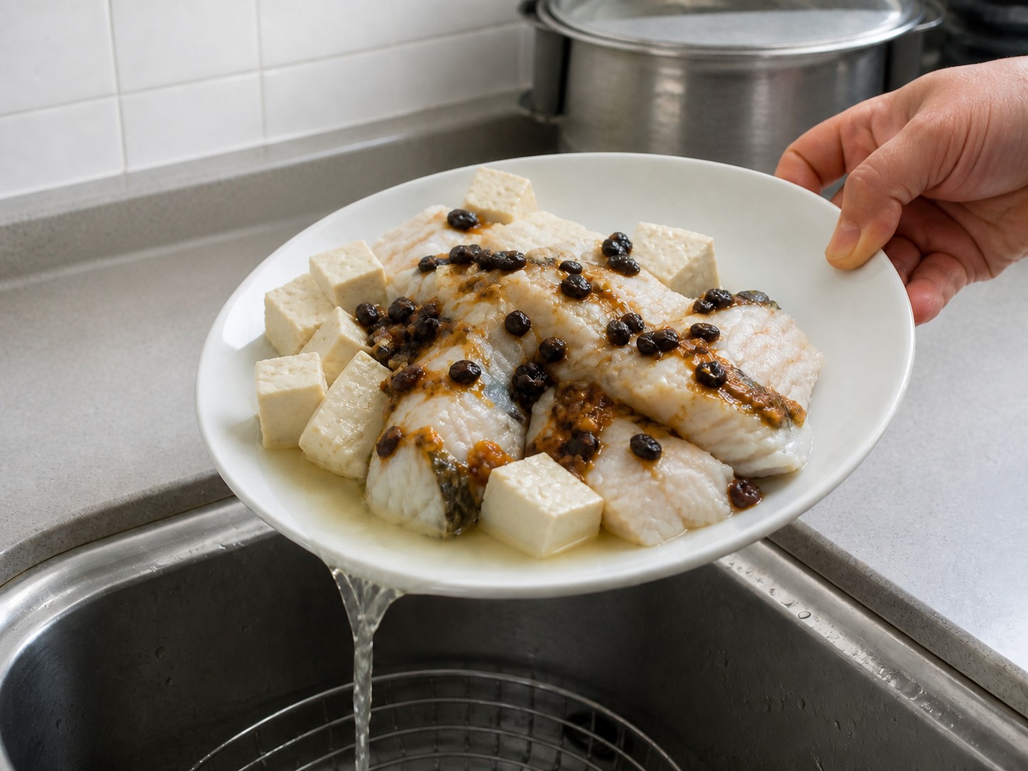 豆豉豆腐蒸鱈魚 — 步驟 10: 倒走多餘水分