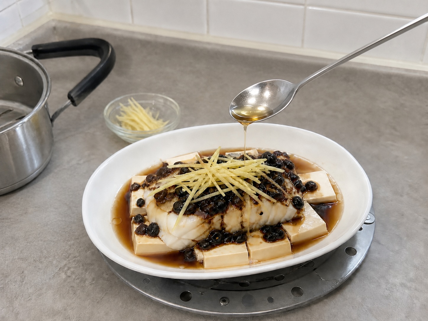 豆豉豆腐蒸鱈魚 — 步驟 11: 淋麻油