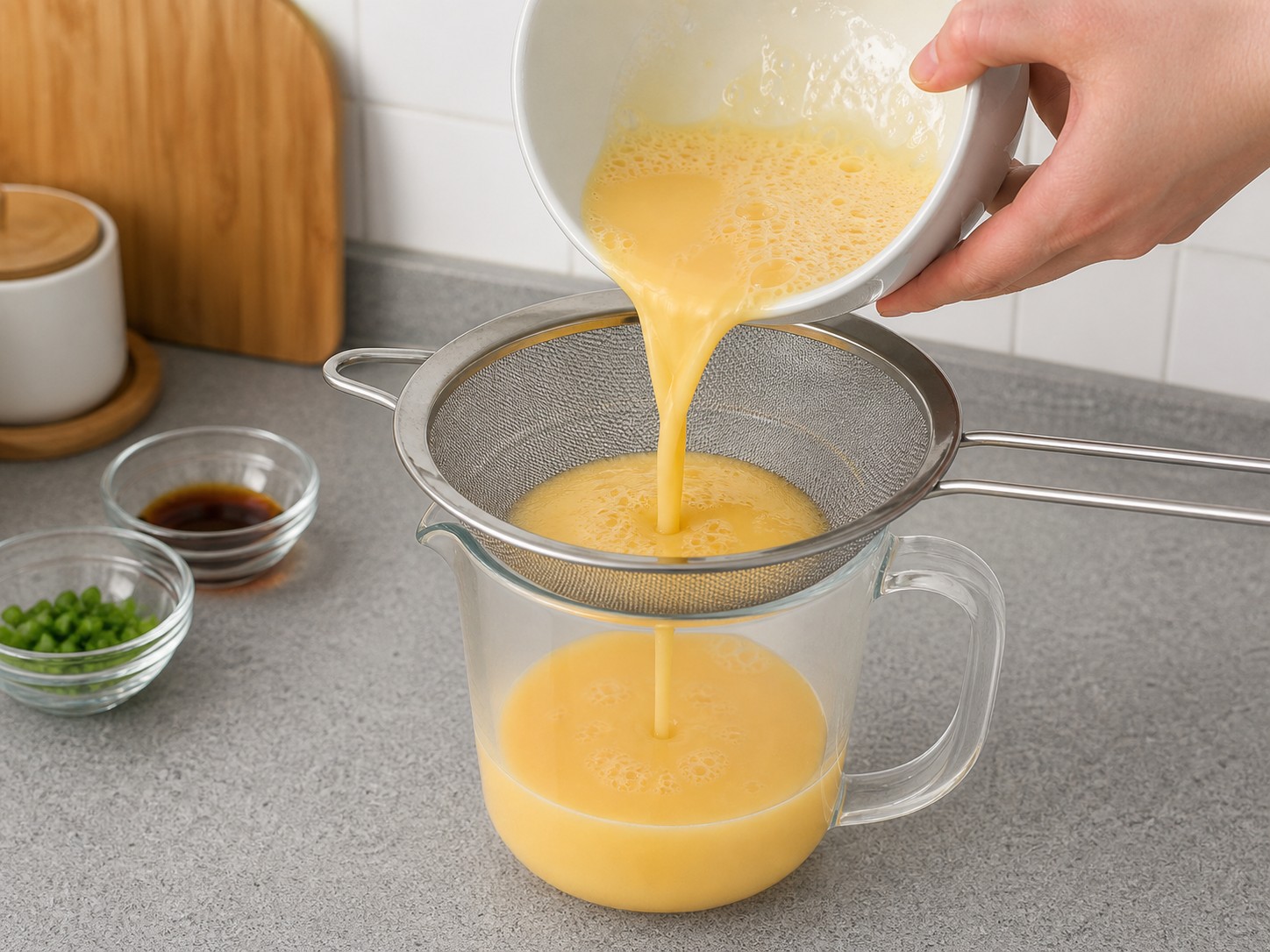 Telur Kukus Lembut dengan Daging Babi Cincang โ Saring telur