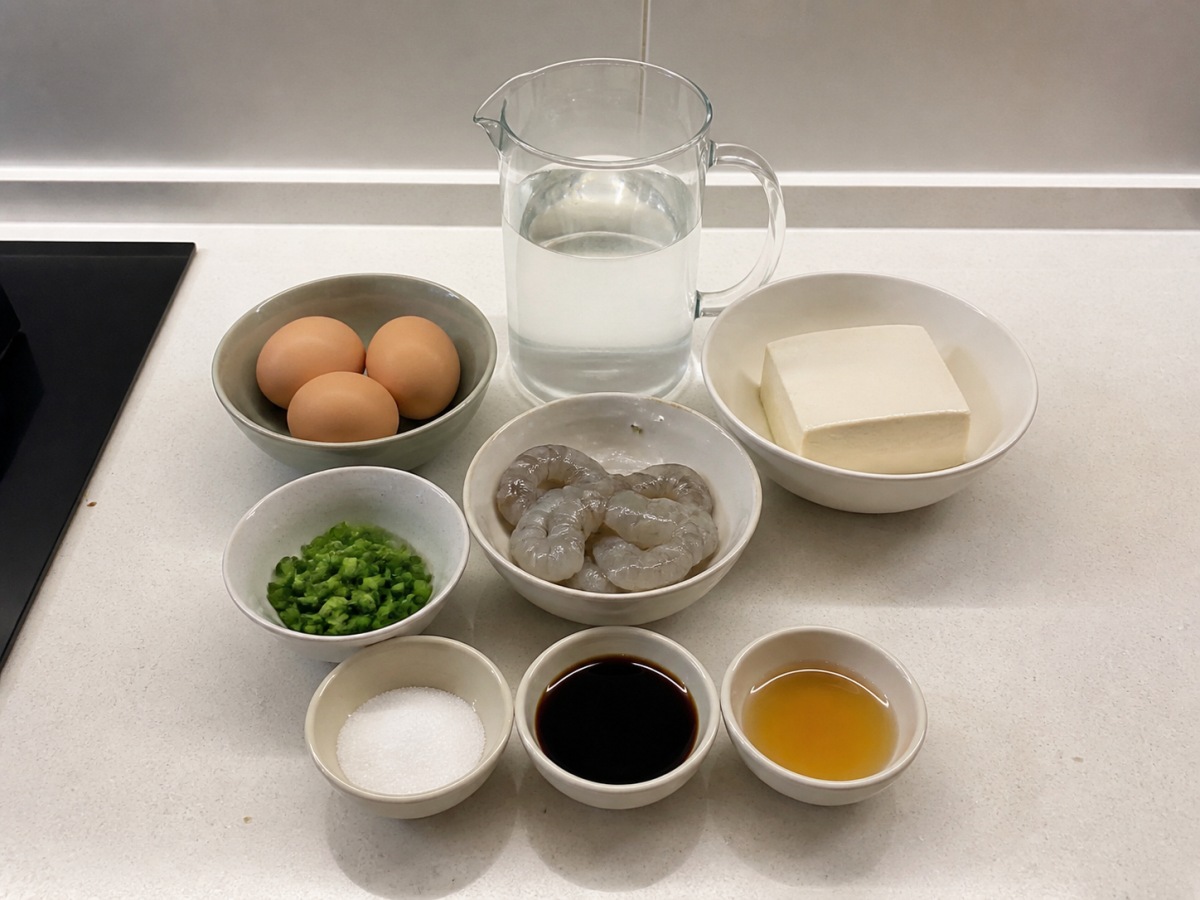 蝦仁豆腐蒸水蛋全部材料