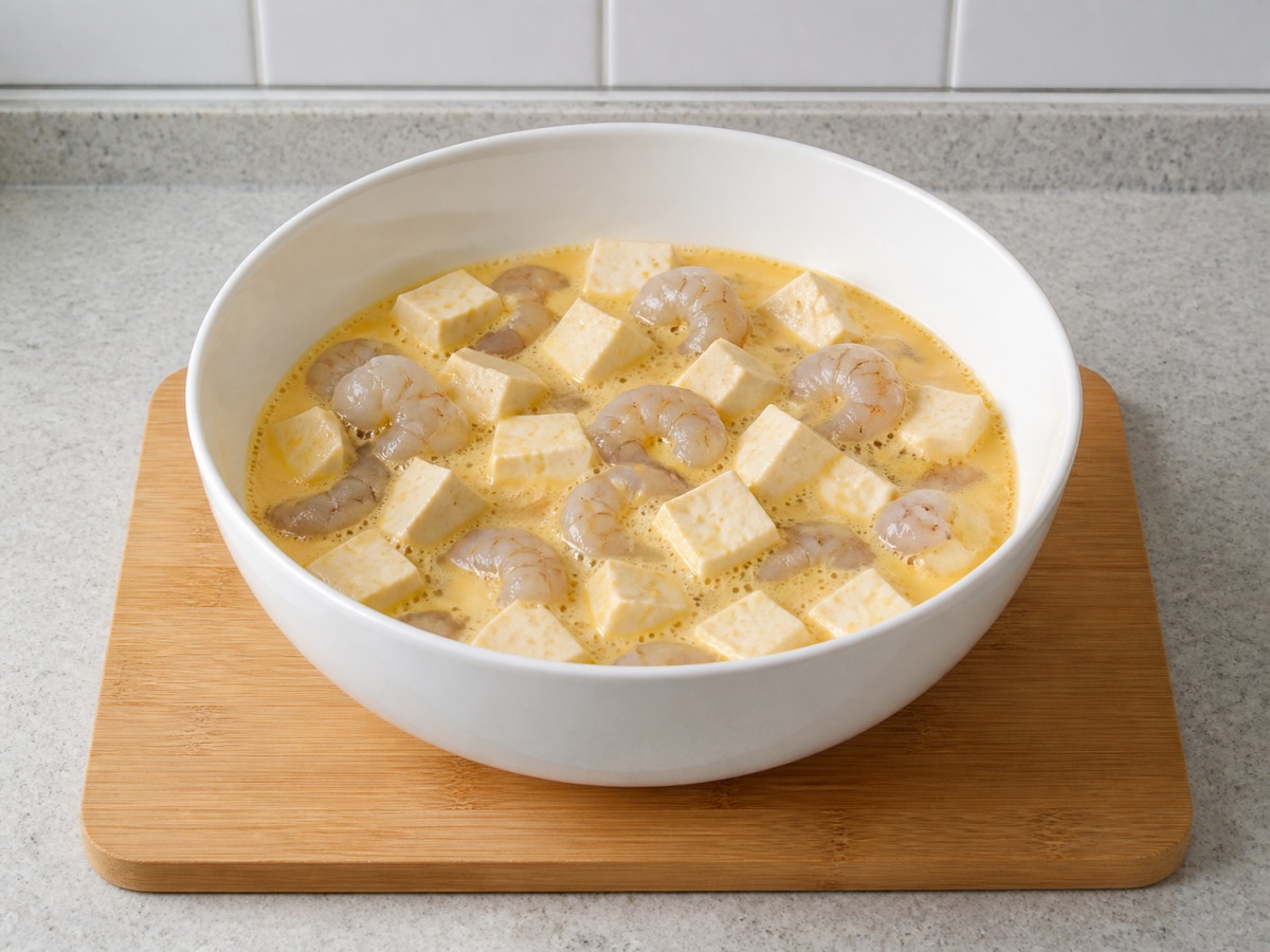 蝦仁豆腐蒸水蛋: 拌勻醃製