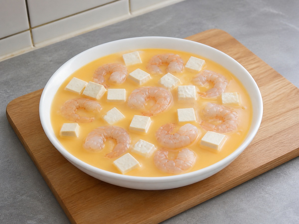 蝦仁豆腐蒸水蛋: 上碟排好