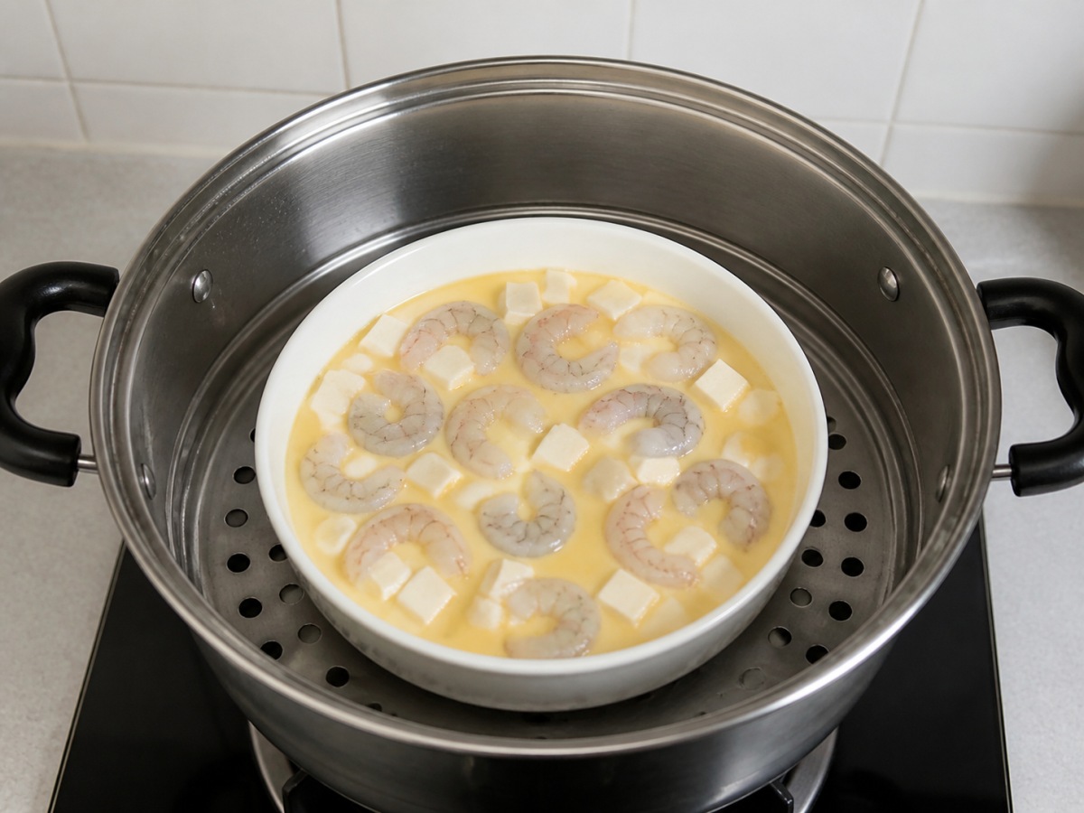蝦仁豆腐蒸水蛋: 放入蒸鍋