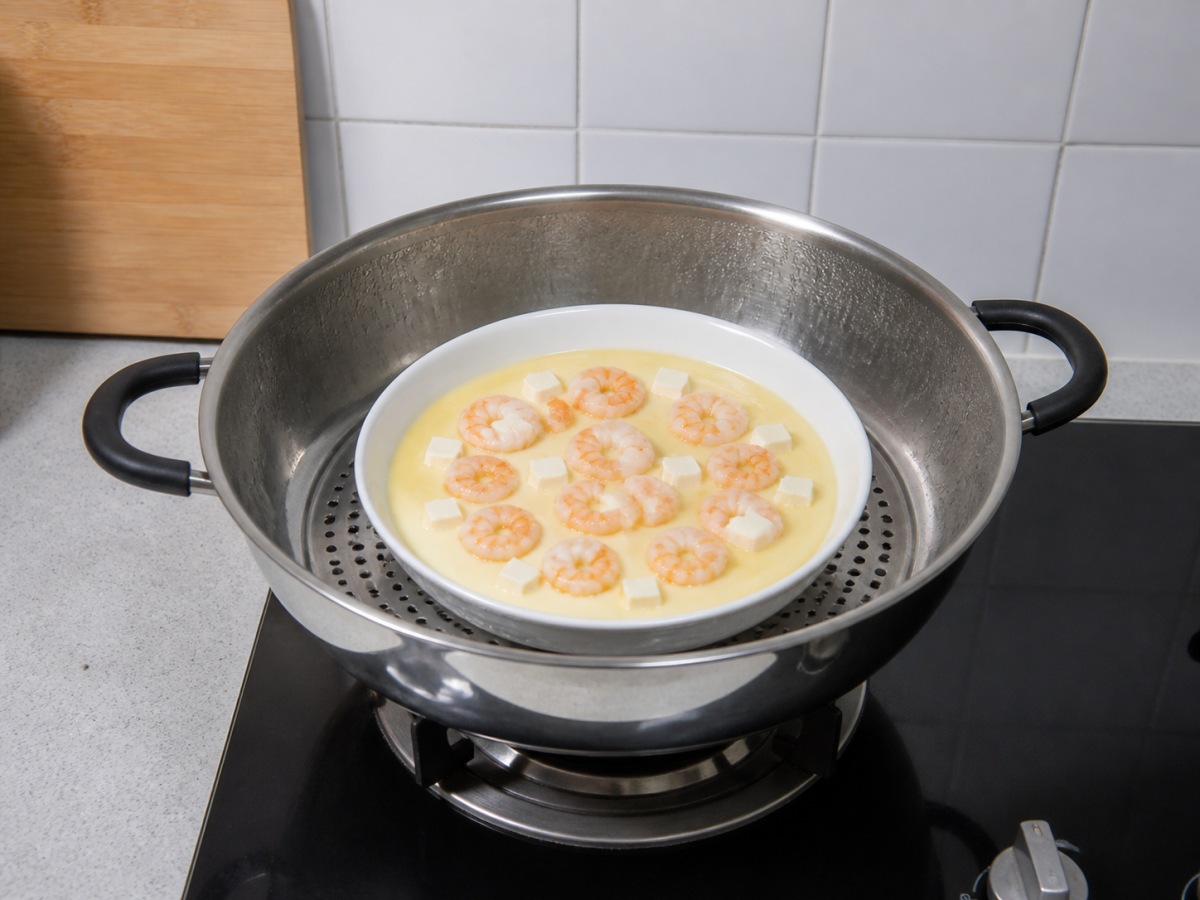 蝦仁豆腐蒸水蛋: 蒸至熟透