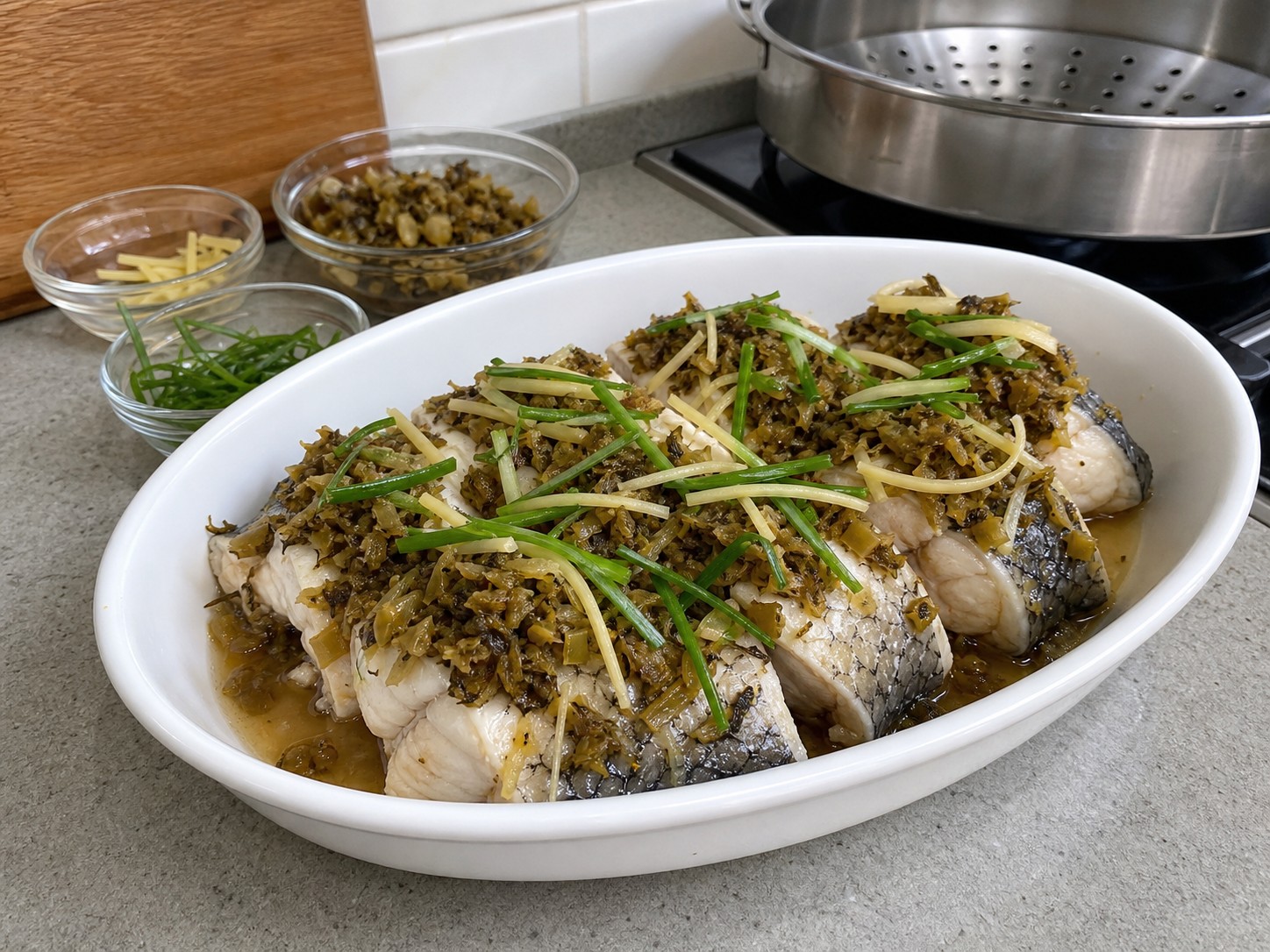梅菜蒸鯇魚完成圖|Steamed Grass Carp with Preserved Mustard Greens