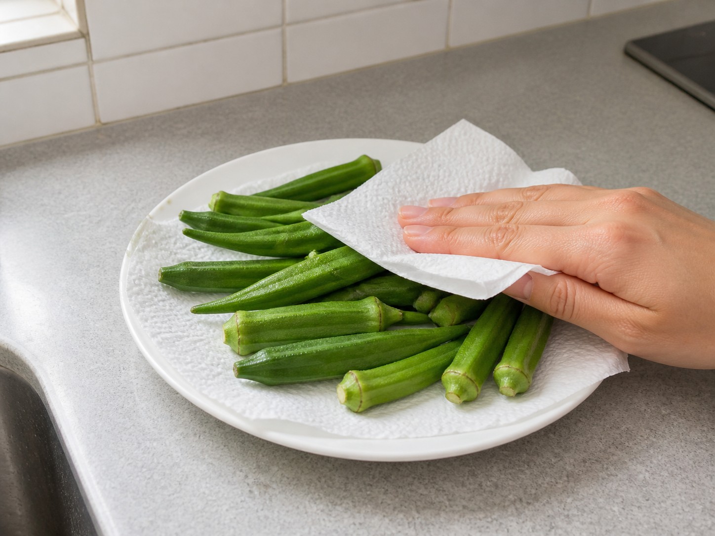 Steamed Okra with Garlic Soy Sauce — step 2: Wash and dry okra