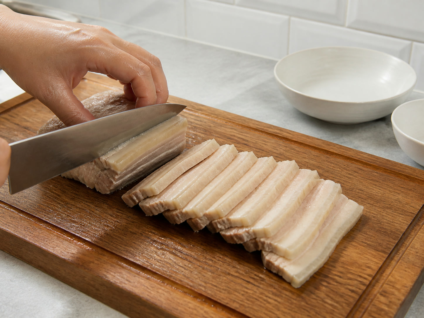 Pinasingawang Pork Belly na may Bagoong Alamang: Hiwain ang pork belly