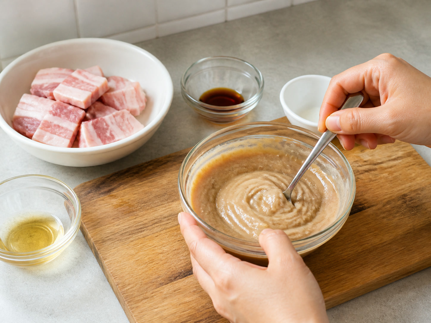 Pinasingawang Pork Belly na may Bagoong Alamang: Paghaluin ang marinade