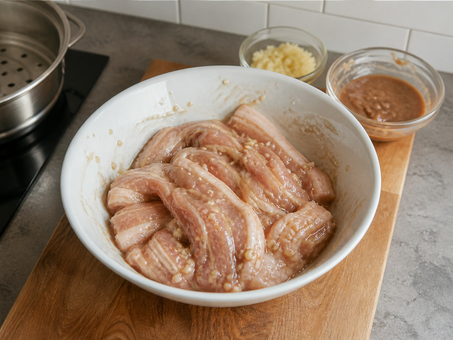 Pinasingawang Pork Belly na may Bagoong Alamang: Balutin ang pork belly
