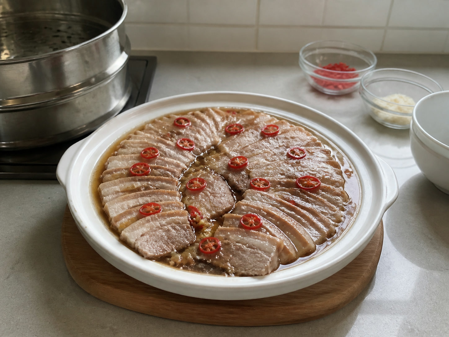 Pinasingawang Pork Belly na may Bagoong Alamang: Pahingahin at ihain