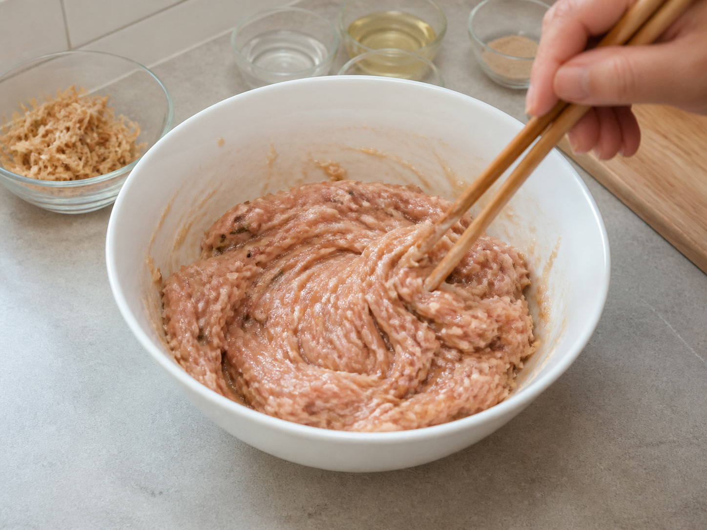 Steamed Pork Patty na may Tuyong Pusit: Haluin hanggang malagkit