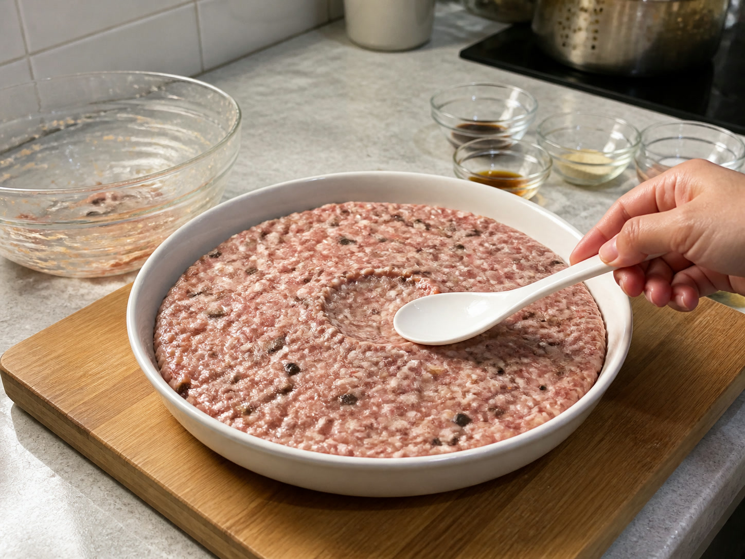 Steamed Pork Patty na may Tuyong Pusit: Ilatag nang pantay ang pattie