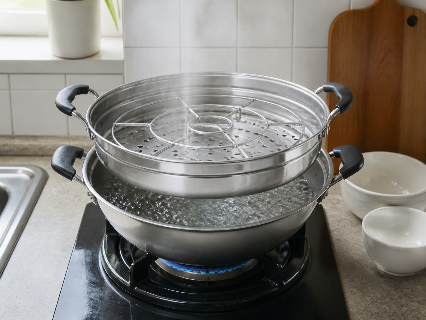 Steamed Pork Patty na may Tuyong Pusit: Pakuluan ang tubig sa steamer