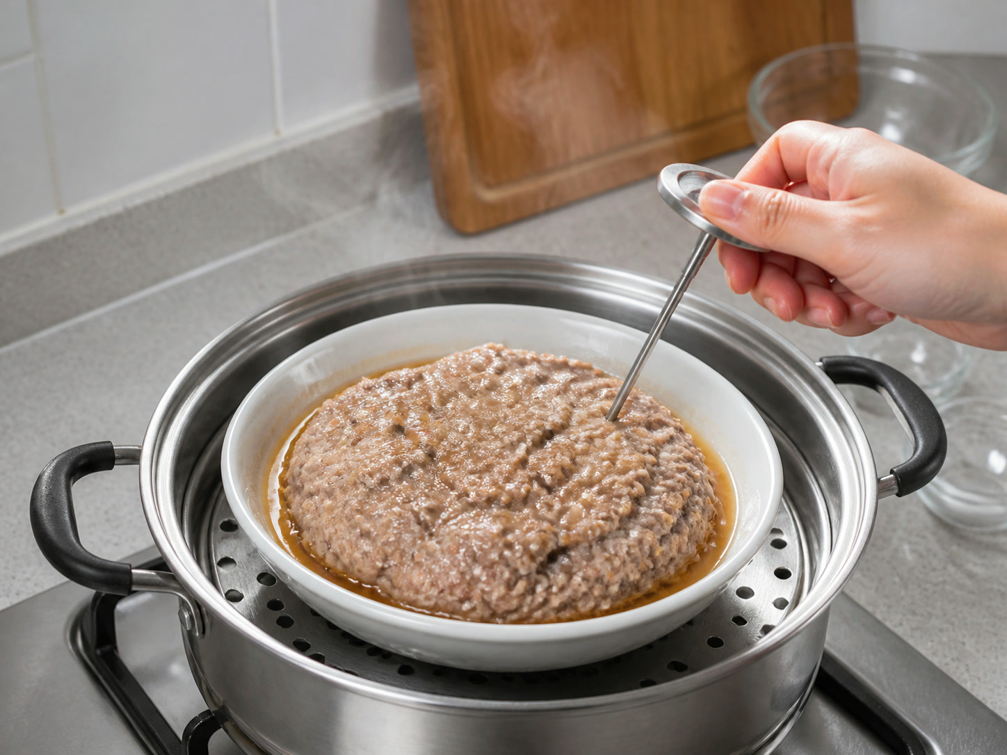 Steamed Pork Patty na may Tuyong Pusit: Suriin ang pagkaluto