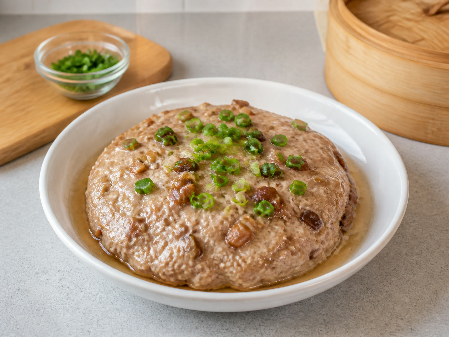Steamed Pork Patty na may Tuyong Pusit: Pahingahin at lagyan ng garnish