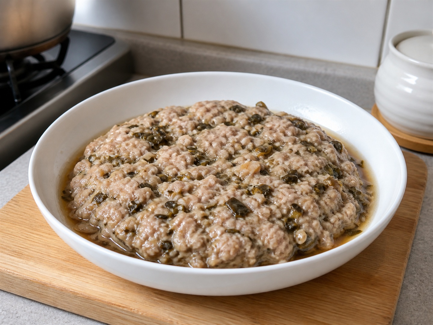 Patty babi kukus dengan sayur asin yang matang