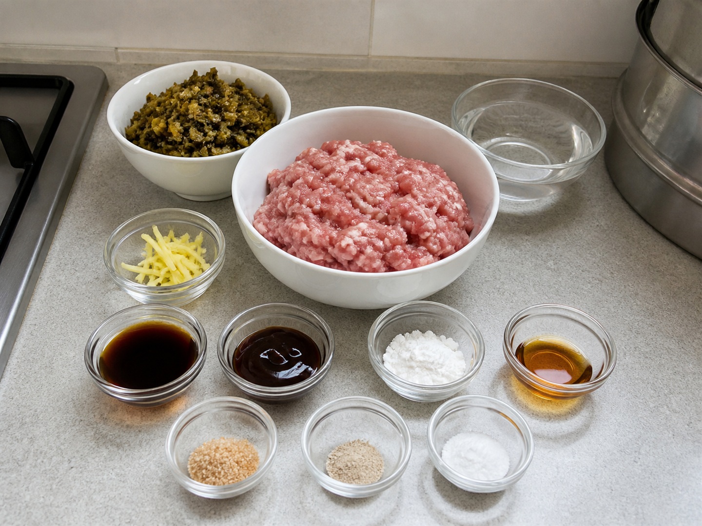 Mga sangkap ng pork patty na may preserved greens
