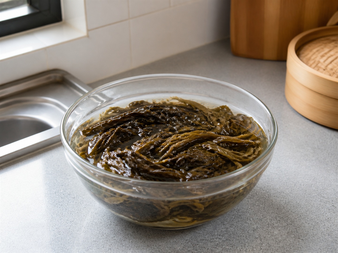 Steamed Pork Patty na may Preserved Mustard Greens — Ibabad ang preserved greens