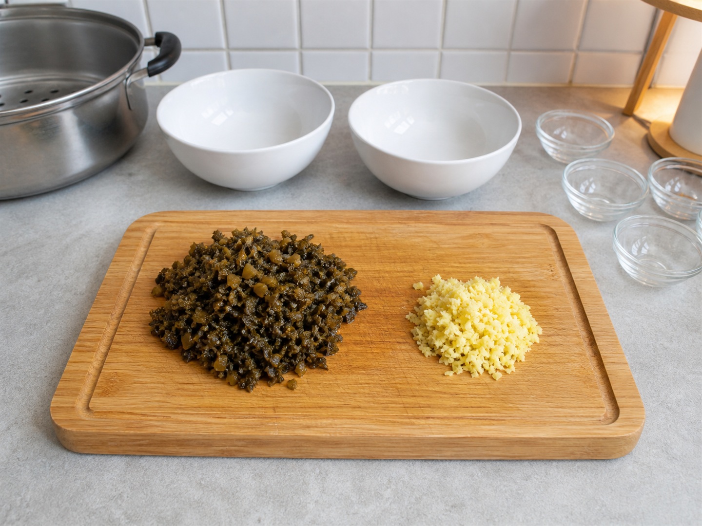 Steamed Pork Patty na may Preserved Mustard Greens — Tadtarin ang gulay at luya