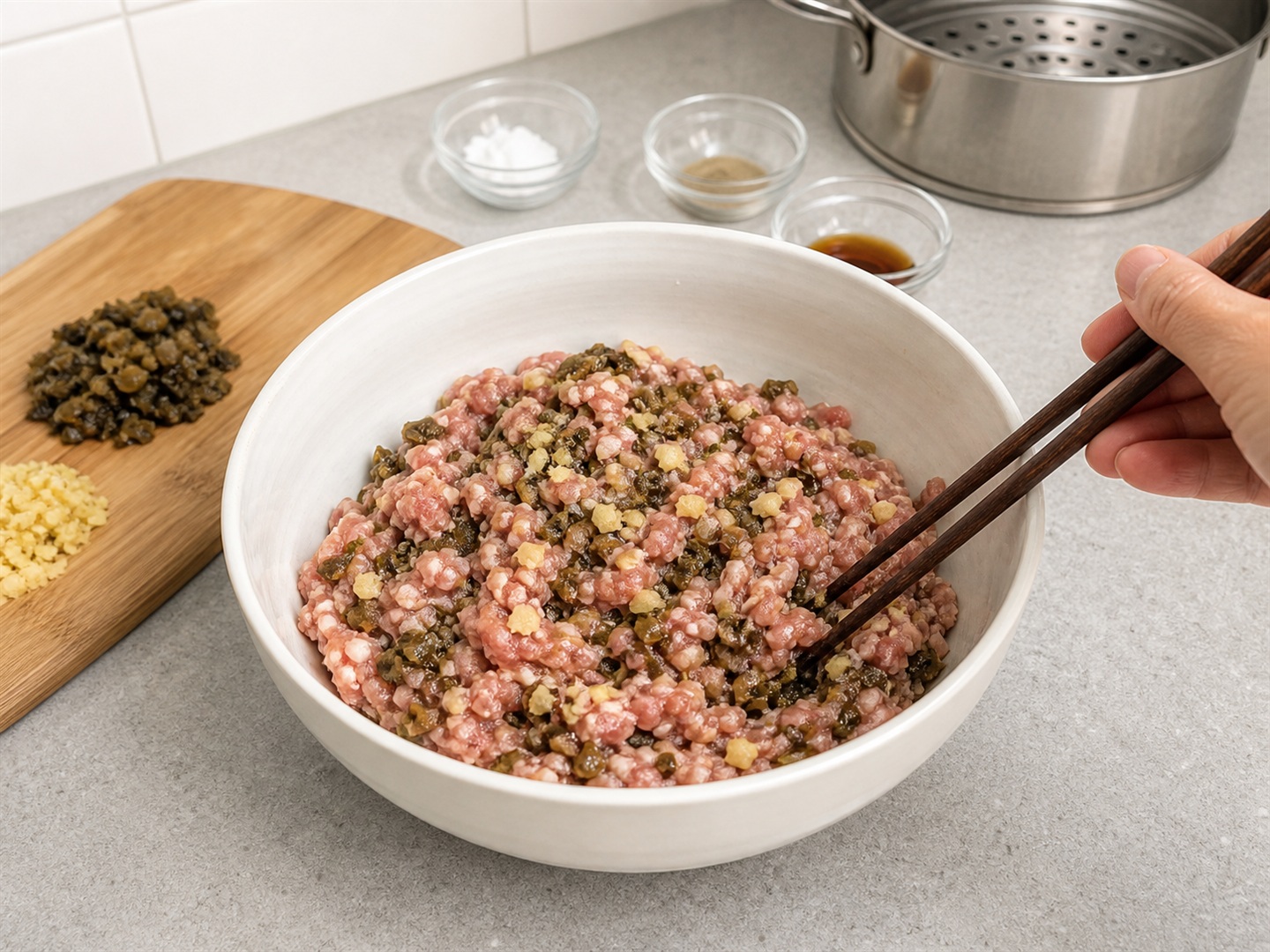 Steamed Pork Patty na may Preserved Mustard Greens — Ihalo ang gulay at luya
