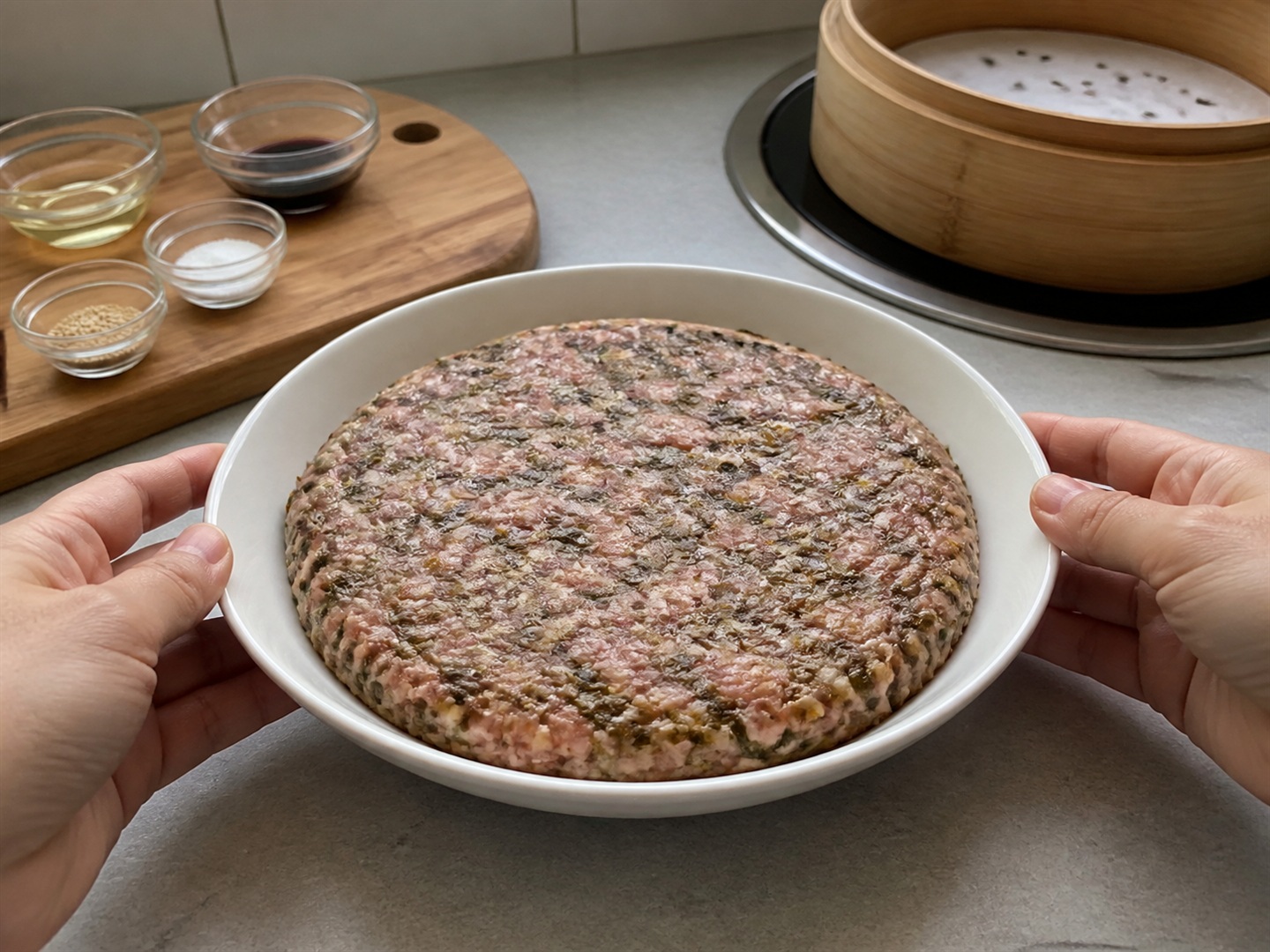 Steamed Pork Patty na may Preserved Mustard Greens — Bumuo ng patty