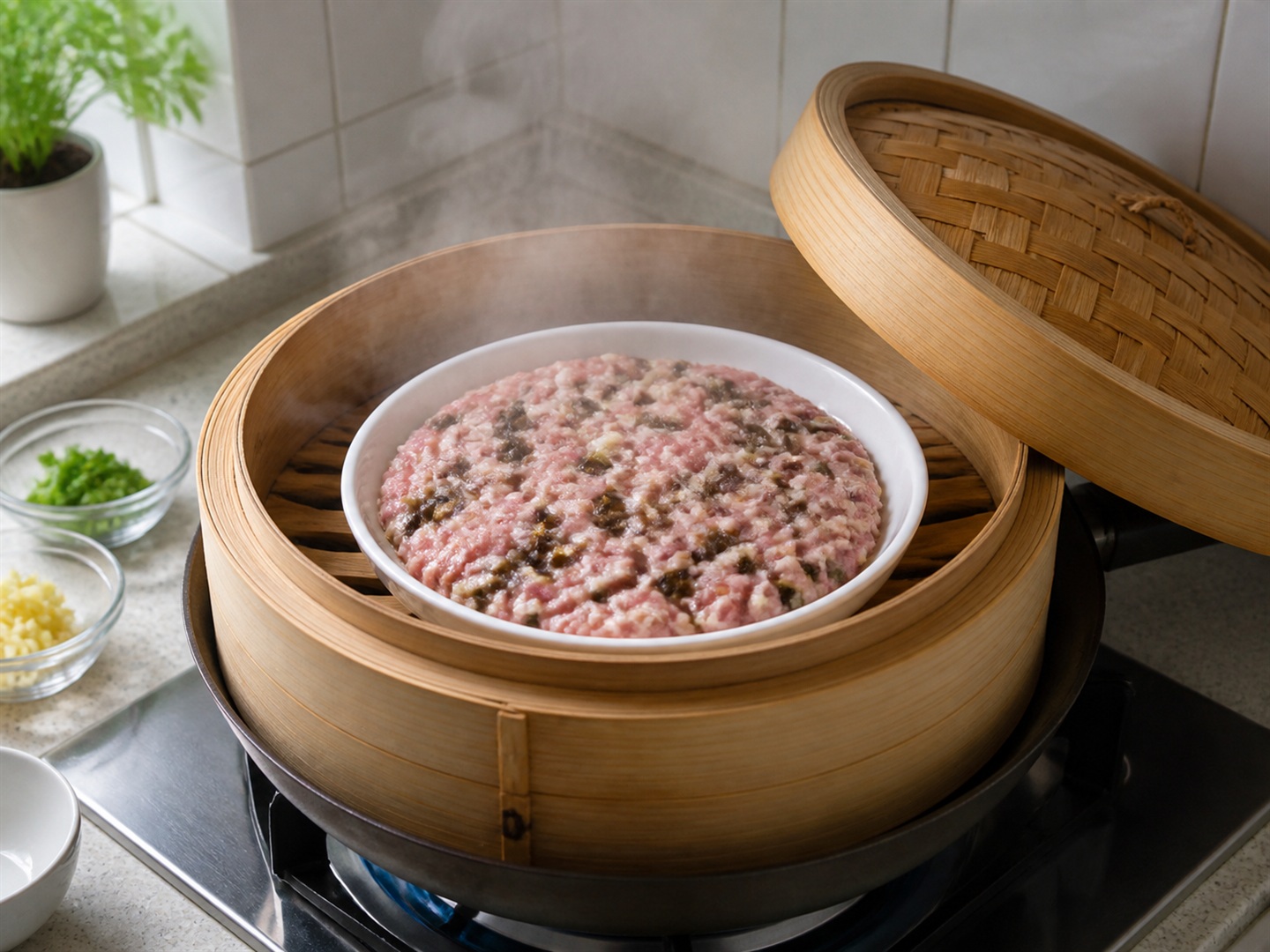 Steamed Pork Patty na may Preserved Mustard Greens — I-steam ang pork patty