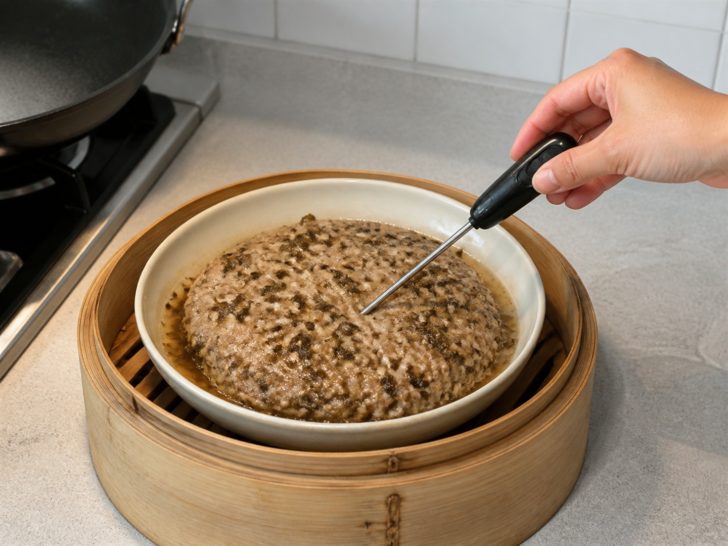 Steamed Pork Patty na may Preserved Mustard Greens — Suriin ang pagkaluto