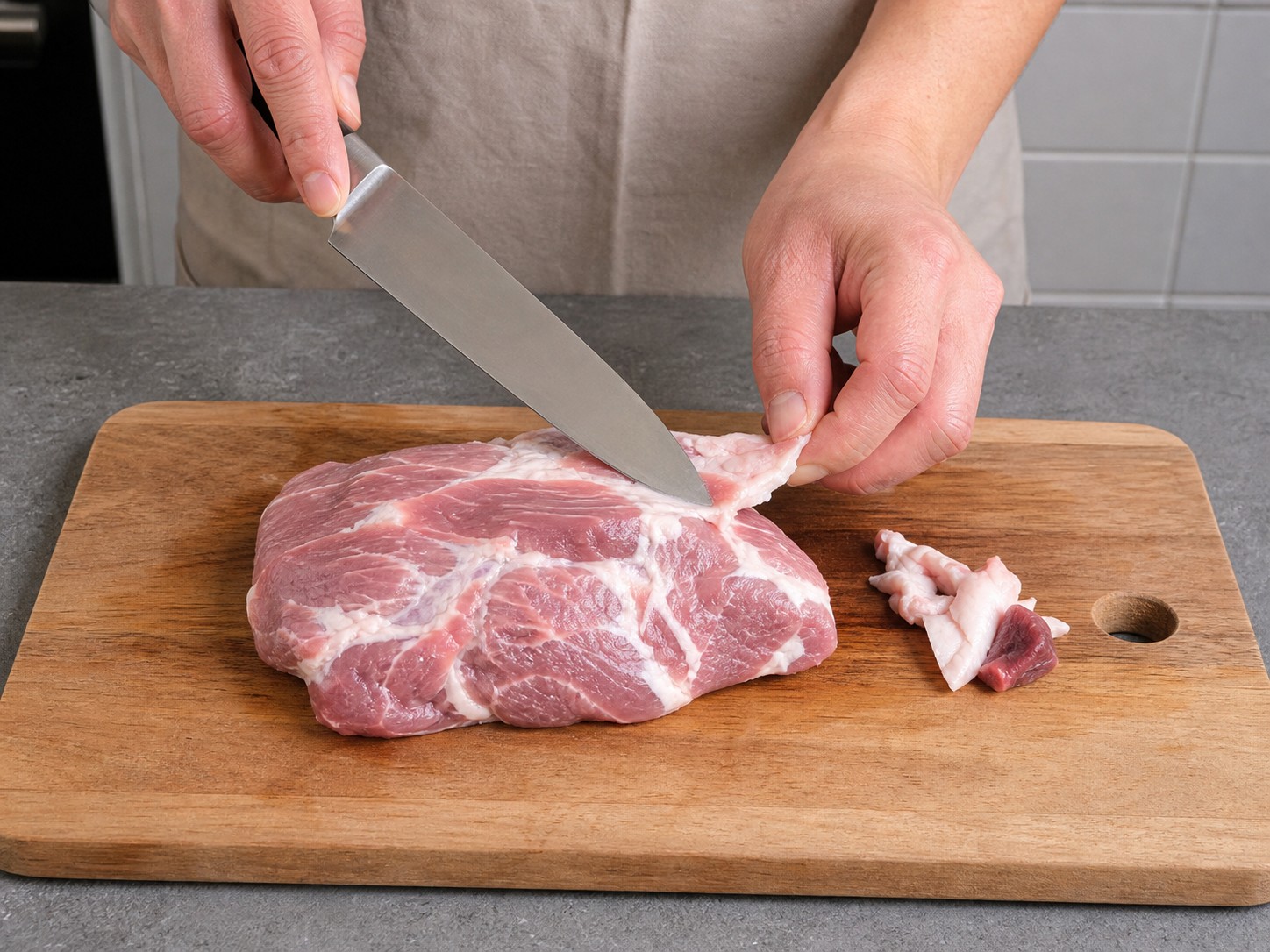 榨菜蒸豬肉片：修整豬肉