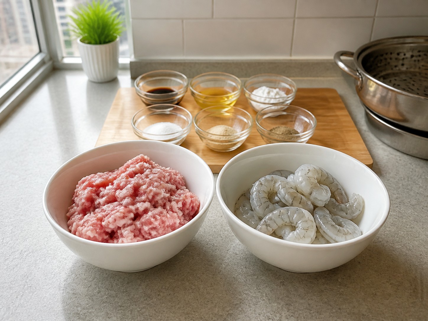 Steamed Stuffed Bitter Melon with Pork and Shrimp — Check the pork and shrimp