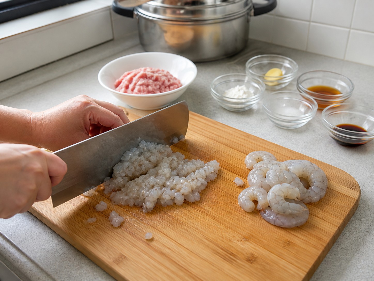 Steamed Stuffed Bitter Melon with Pork and Shrimp — Chop the shrimp