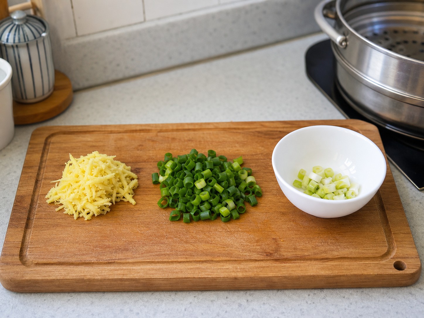 Steamed Stuffed Bitter Melon with Pork and Shrimp — Prepare the aromatics