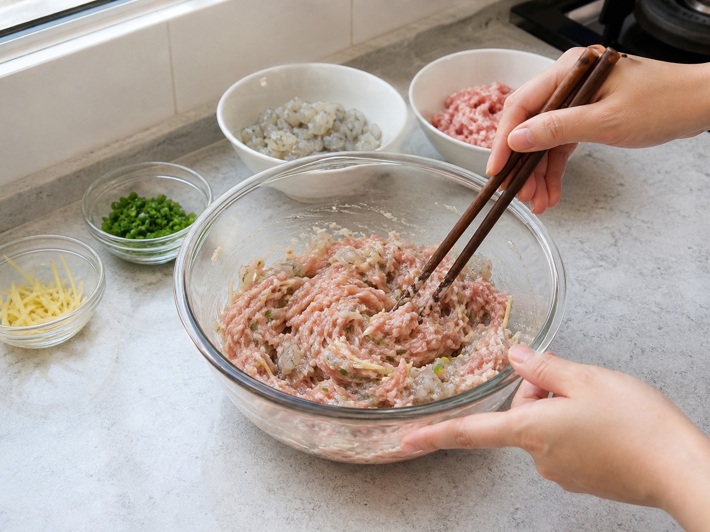 Steamed Stuffed Bitter Melon with Pork and Shrimp — Mix the pork-shrimp filling