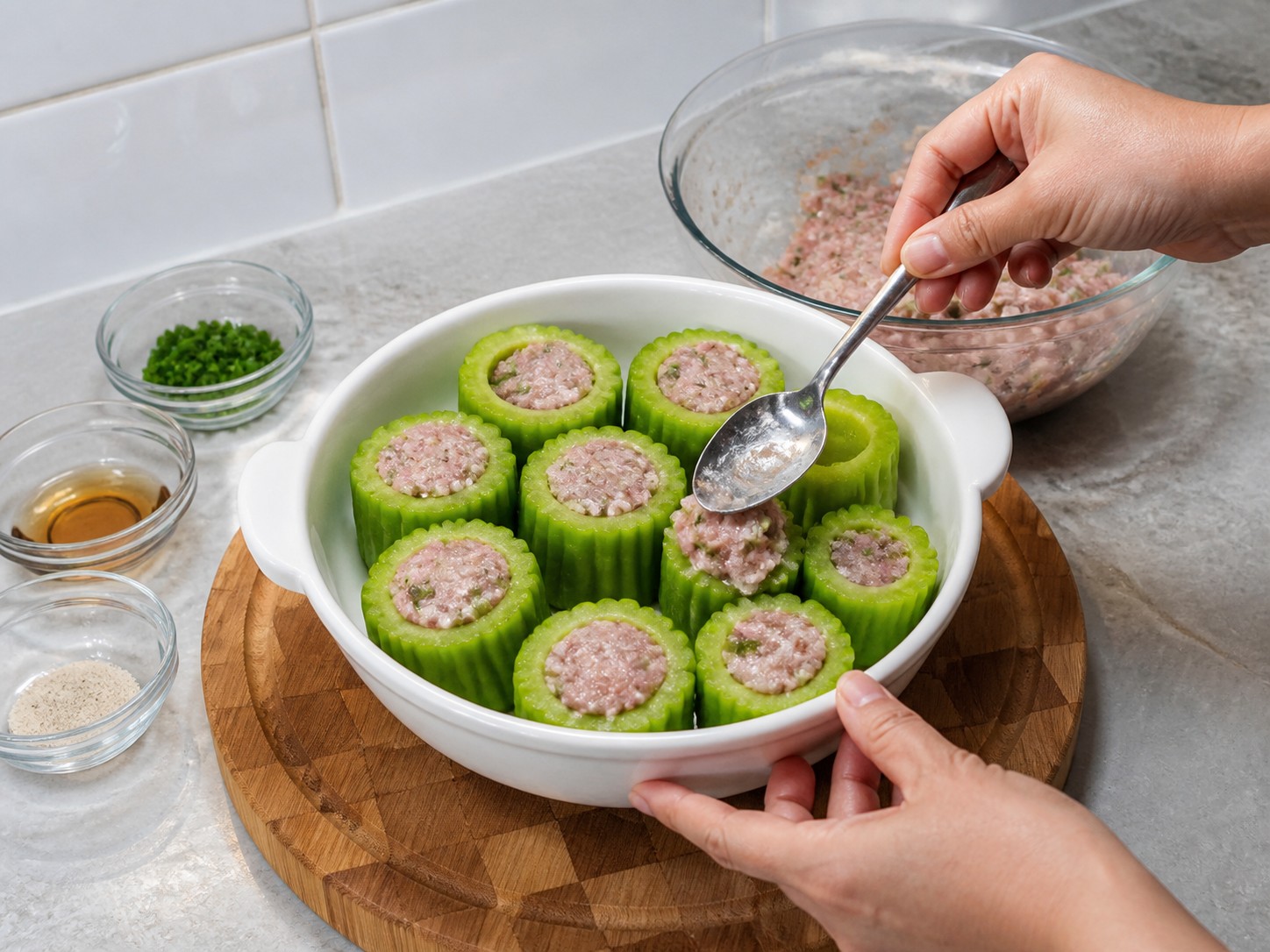 Steamed Stuffed Bitter Melon with Pork and Shrimp — Stuff the bitter melon rings