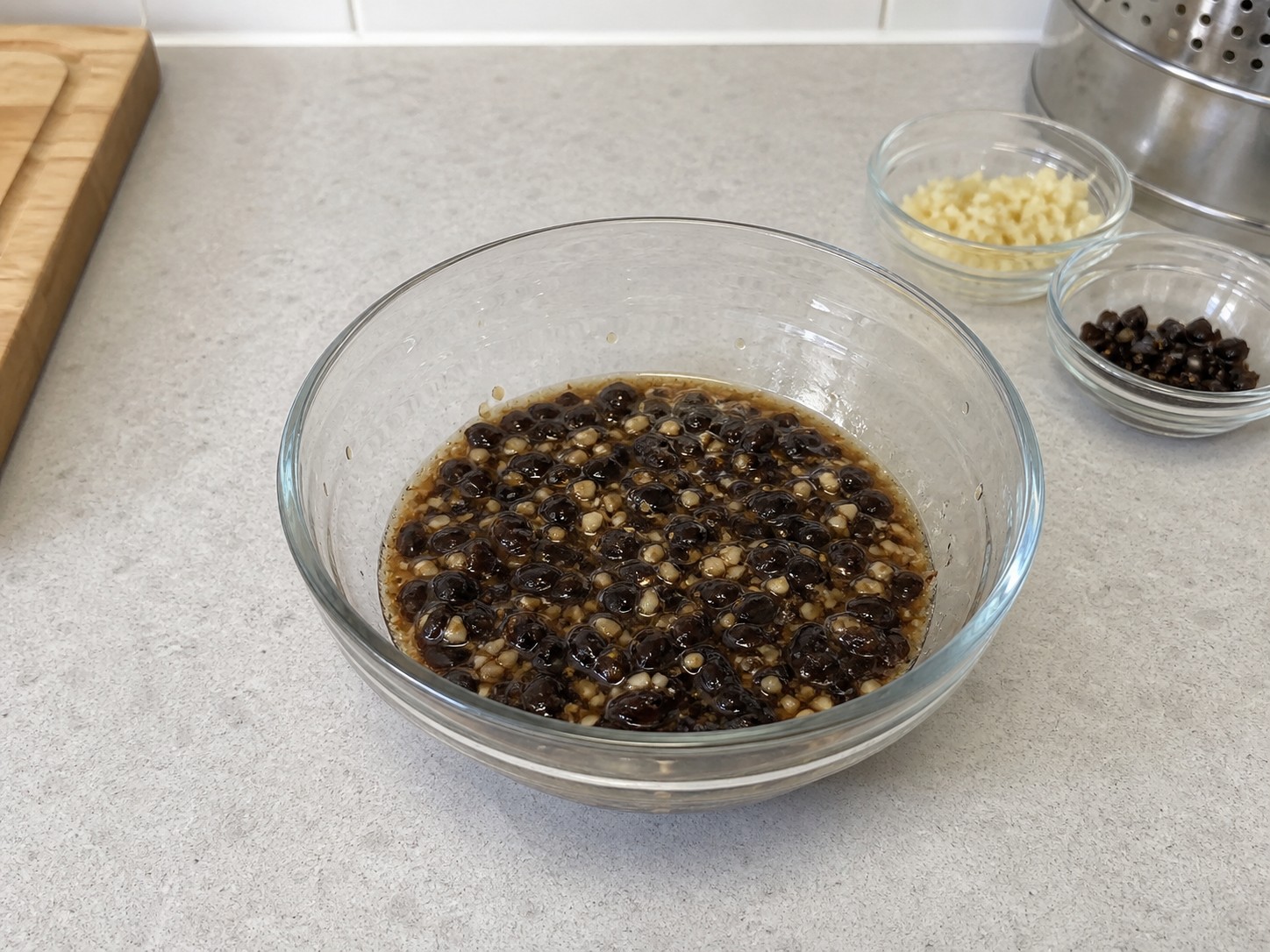 Steamed Stuffed Bitter Melon with Pork and Shrimp — Mix the black bean sauce