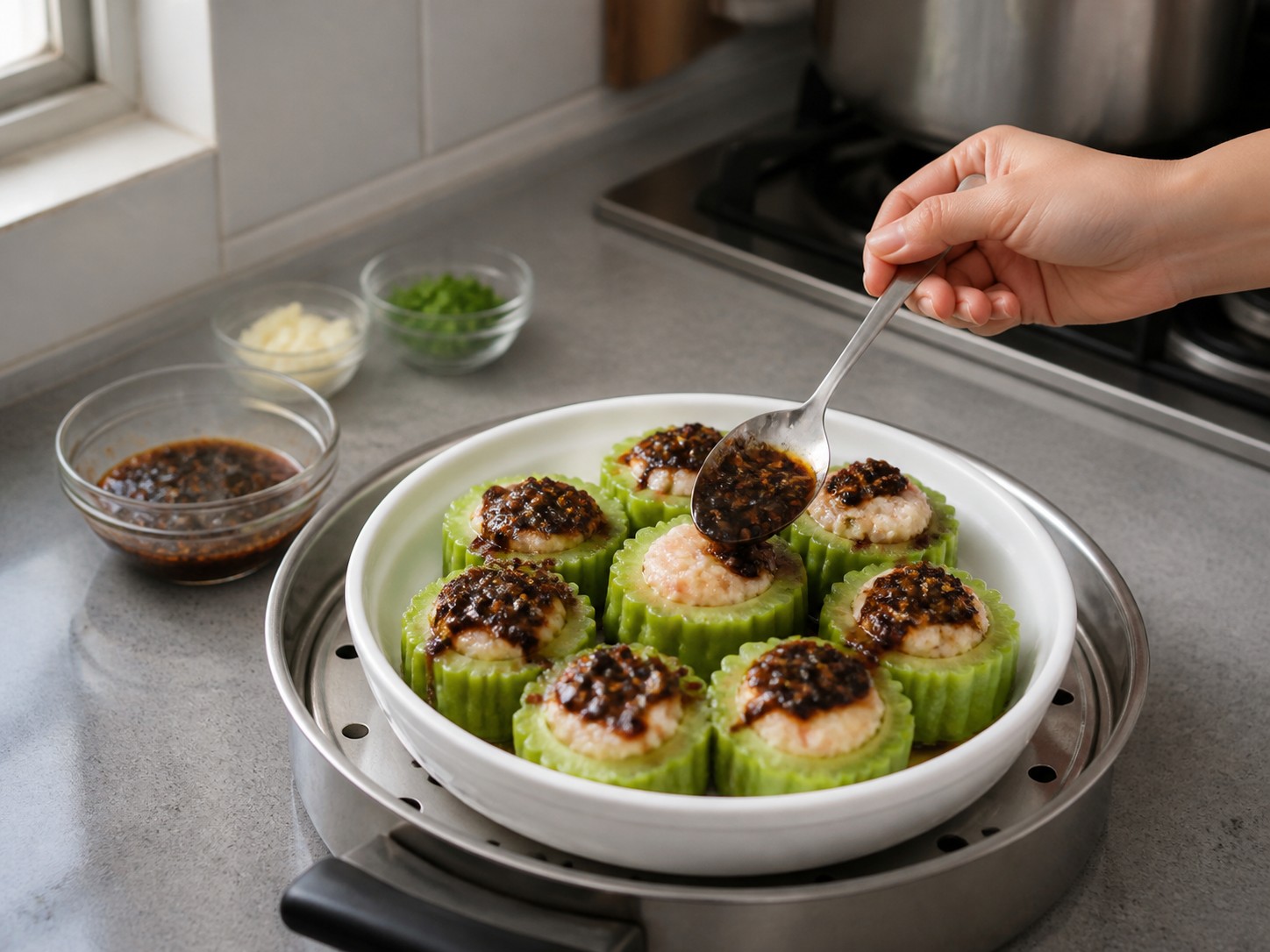 Steamed Stuffed Bitter Melon with Pork and Shrimp — Spoon sauce over the stuffed melon