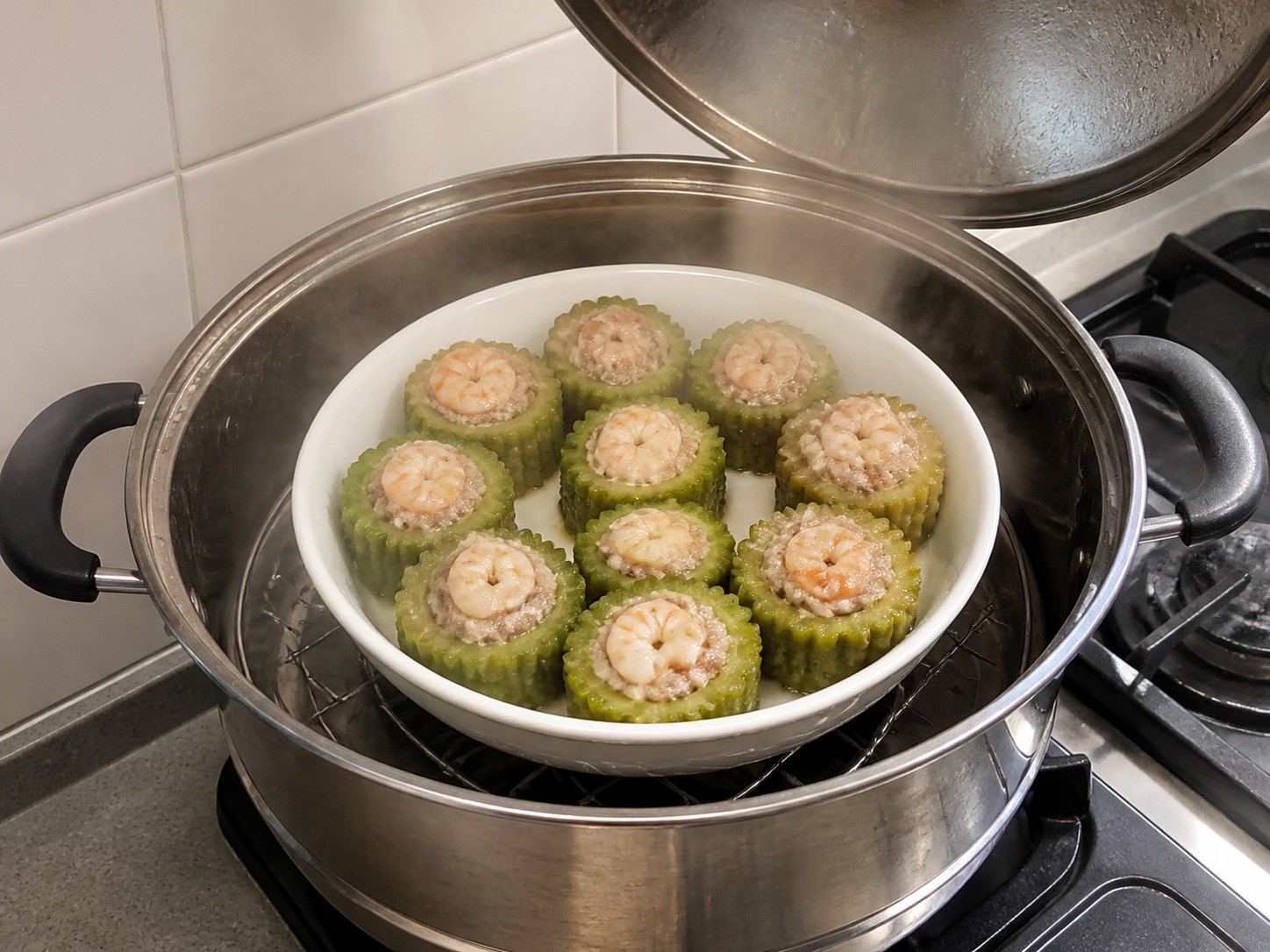 Steamed Stuffed Bitter Melon with Pork and Shrimp — Steam for 15 to 18 minutes