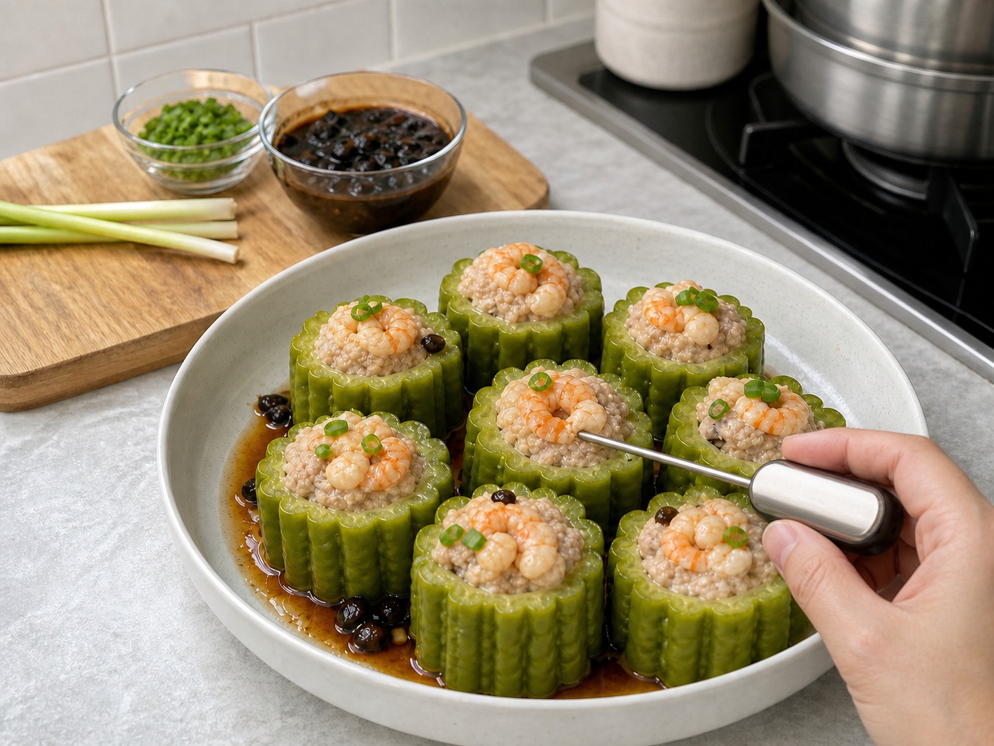 Steamed Stuffed Bitter Melon with Pork and Shrimp — Check doneness and serve