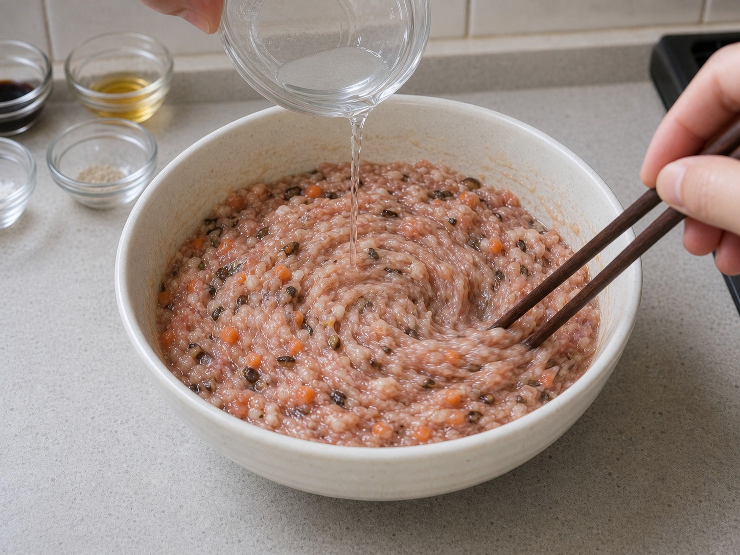 蒸釀豆卜:加水攪拌